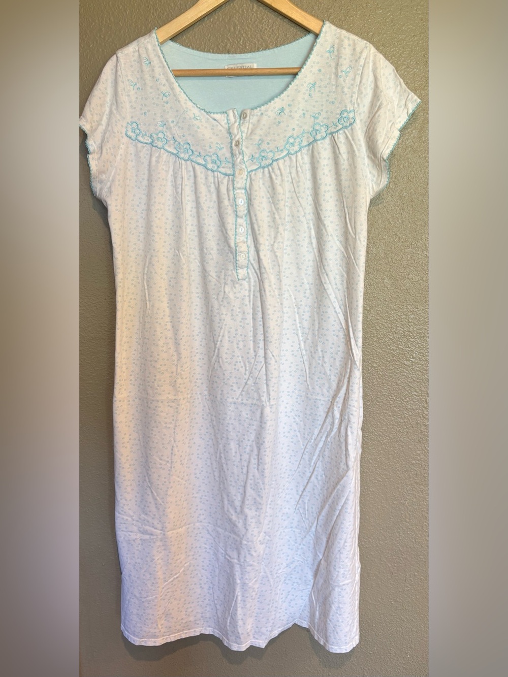 Celestial Dreams by Komar Light Blue and White Embroidered Yoke Nightgown Size L